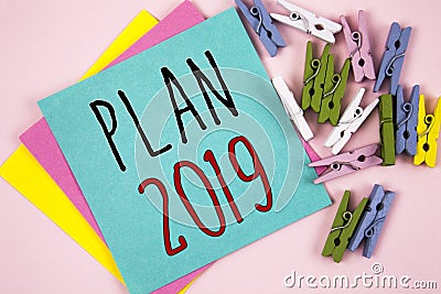 Conceptual hand writing showing Plan 2019. Business photo showcasing Challenging Ideas Goals for New Year Motivation to Start. Con Stock Photo