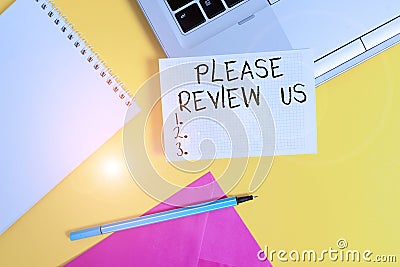 Conceptual hand writing showing Please Review Us. Business photo showcasing Give a feedback Opinion Comments Quality of Stock Photo