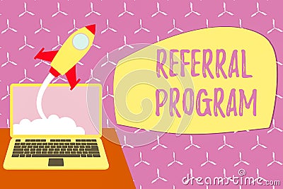 Conceptual hand writing showing Referral Program. Business photo showcasing employees are rewarded for introducing Stock Photo