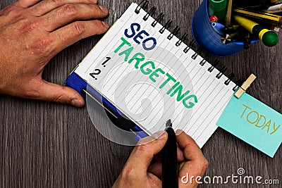 Conceptual hand writing showing Seo Targeting. Business photo showcasing Specific Keywords for Location Landing Page Top Domain Ma Stock Photo