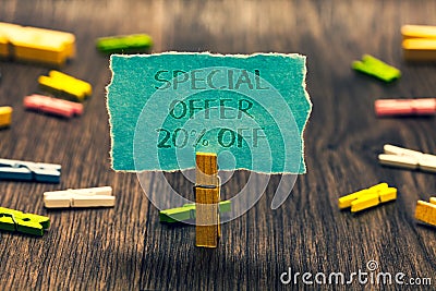 Conceptual hand writing showing Special Offer 20 Off. Business photo showcasing Discounts promotion Sales Retail Marketing Offer P Stock Photo