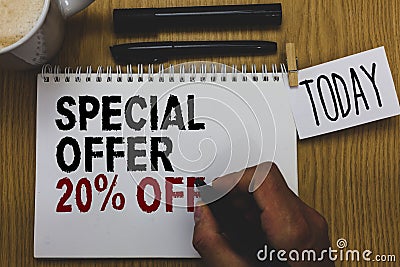 Conceptual hand writing showing Special Offer 20 Off. Business photo text Discounts promotion Sales Retail Marketing Offer Written Stock Photo