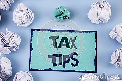 Conceptual hand writing showing Tax Tips. Business photo showcasing Help Ideas for taxation Increasing Earnings Reduction on expen Stock Photo