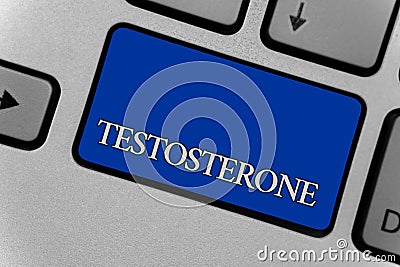 Conceptual hand writing showing Testosterone. Business photo text Male hormones development and stimulation sports substance Keybo Stock Photo