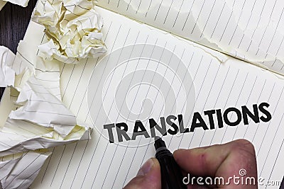Conceptual hand writing showing Translations. Business photo showcasing Written or printed process of translating words text voice Stock Photo