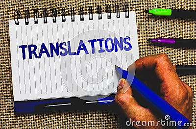 Conceptual hand writing showing Translations. Business photo showcasing Written or printed process of translating words text voice Stock Photo