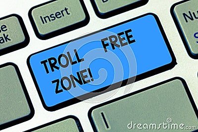 Conceptual hand writing showing Troll Free Zone. Business photo text Social network where tolerance and good behavior is Stock Photo