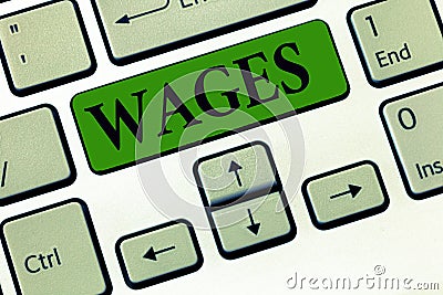 Conceptual hand writing showing Wages. Business photo showcasing fixed regular payment earned for work or services paid Stock Photo
