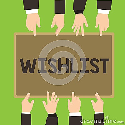 Conceptual hand writing showing Wishlist. Business photo showcasing List of desired but often realistically unobtainable Stock Photo