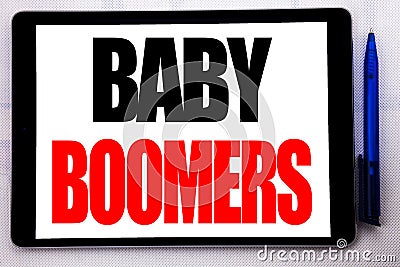 Conceptual hand writing text caption inspiration showing Baby Boomers. Business concept for Demographic Generation written on tabl Stock Photo