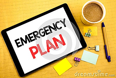 Conceptual hand writing text caption showing Emergency Plan. Business concept for Disaster Protection Written on tablet laptop, wo Stock Photo