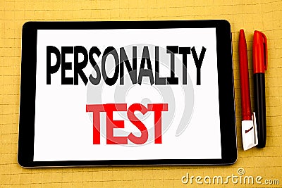 Conceptual handwriting text caption inspiration showing Personality Test. Business concept for Attitude Assessment Written on tabl Stock Photo