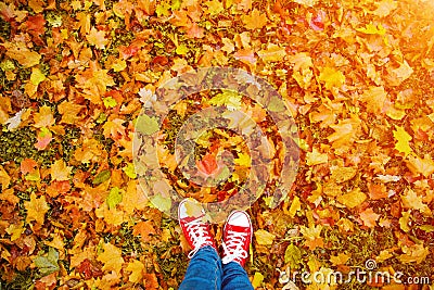 Conceptual hipster style image of legs in boots, trendy gumshoes Stock Photo