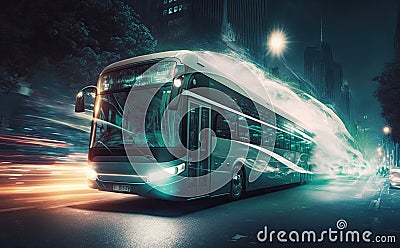 Conceptual hydrogen or electric bus powered by sustainable energy. Abstract illustration of green urban mobility. Generative AI Cartoon Illustration