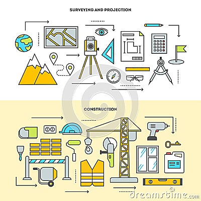 Conceptual icon set for construction in flat style. Vector illustration Vector Illustration