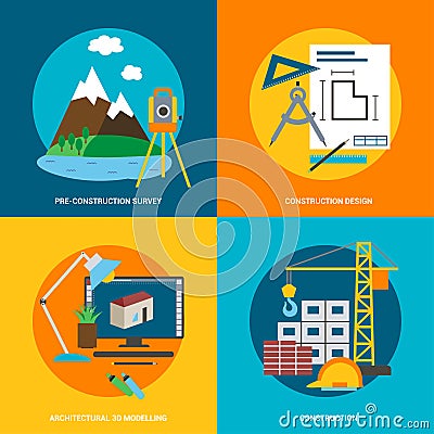 Conceptual icon set for construction, flat style. Vector Vector Illustration