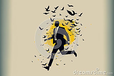 Conceptual illustration of a businessman surrounded by birds. Ai generated Cartoon Illustration