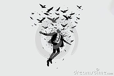 Conceptual illustration of a businessman surrounded by birds. Ai generated Cartoon Illustration