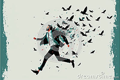 Conceptual illustration of a businessman surrounded by birds. Ai generated Cartoon Illustration