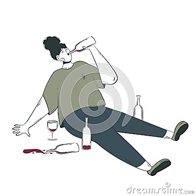 Conceptual illustration of the consequences of alcoholism with a depressed character with alcohol addiction drinking on the floor Vector Illustration