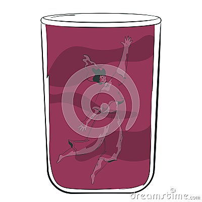 Conceptual illustration of the consequences of alcoholism with a depressed character with alcohol addiction drowning in a glass of Vector Illustration