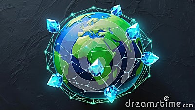 conceptual illustration of digital globe with interconnected data nodes and glowing crystals symbolizing AI driven global systems Cartoon Illustration