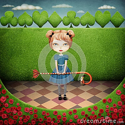 Girl and Flamingo Cartoon Illustration