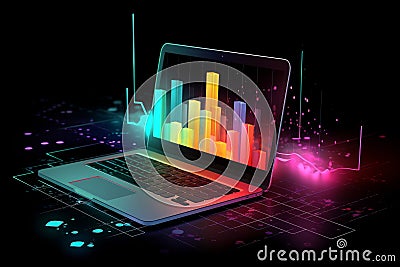 Conceptual illustration of a laptop displaying analytical data with colorful growth charts. Generative AI Cartoon Illustration