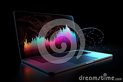 Conceptual illustration of a laptop displaying analytical data with colorful growth charts. Generative AI Cartoon Illustration