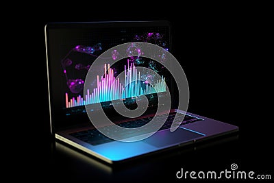 Conceptual illustration of a laptop displaying analytical data with colorful growth charts. Generative AI Cartoon Illustration