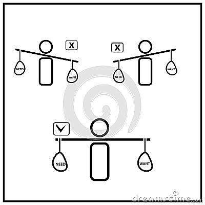 Conceptual illustration of people and scales. the concept of balance between need and want Vector Illustration