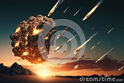 Conceptual image of asteroid explosion on sky background. Generative AI Stock Photo