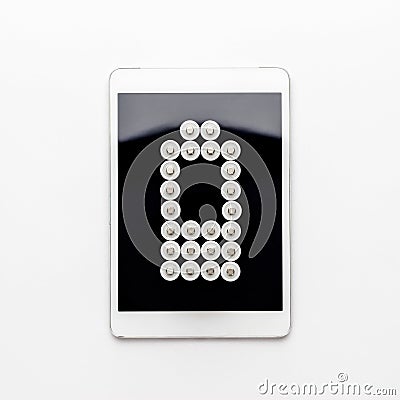 Conceptual image of battery charge level pictogram on tablet computer Stock Photo