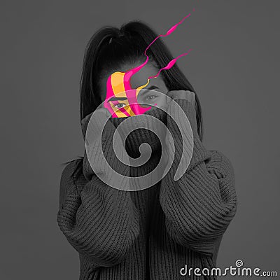 Conceptual image with black and white portrait of young girl with bright colored spots on her face. Concept of mental Stock Photo