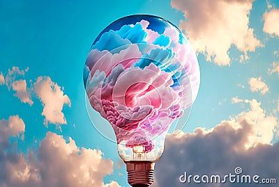 Conceptual image with bright lightbulb balloon and colorful clouds inside Stock Photo