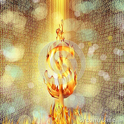 Conceptual image of burning dollar sign and fire flames over bin Stock Photo