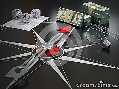 Conceptual image of compass directing at money. Stock Photo