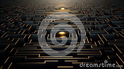 A conceptual image of a complex maze with golden edges and a central glowing sphere, symbolizing challenge and solution. Stock Photo