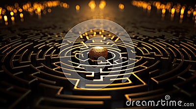 A conceptual image of a complex maze with golden edges and a central glowing sphere, symbolizing challenge and solution. Stock Photo