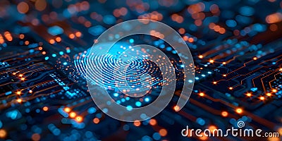 Conceptual image of cybersecurity and data protection using fingerprint microchip technology. Stock Photo