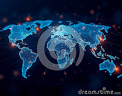 Conceptual image of DeFi as a glowing, decentralized web stretching across the globe, symbolizing blockchain connectivity and Stock Photo