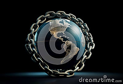 Conceptual image of the Earth encircled by a chain, symbolizing environmental issues or geopolitical constraints, on dark backdrop Stock Photo