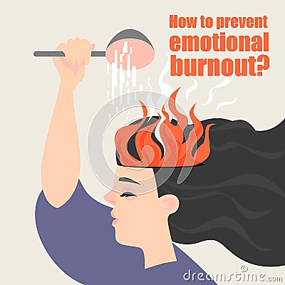 Conceptual image of emotional burnout. The girl is watering the burning brain. Vector Illustration