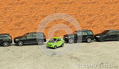 A conceptual image of the flexibility and eco friendliness of a city car against SUV Stock Photo