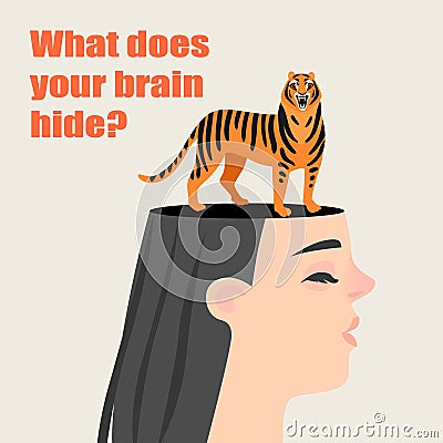 Conceptual image of a girl with a tiger hiding in her head. Secrets of the human brain. Vector Illustration