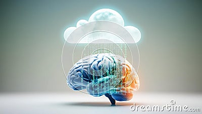 conceptual image of glowing human brain formed by binary code streams connected to luminous cloud, symbolizing fusion of Stock Photo