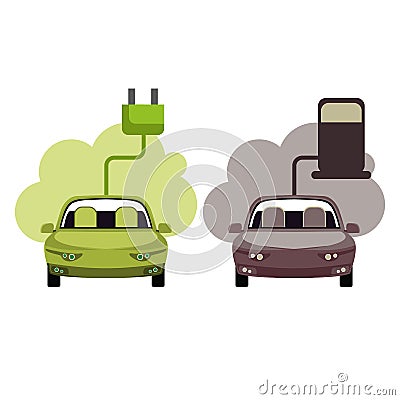 Conceptual image of a green energy and pollute cars. Cartoon Illustration