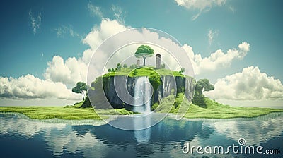 Conceptual image of green island with trees and waterfalls. Fantasy island with trees and waterfalls. 3d illustration. Fantasy lan Cartoon Illustration