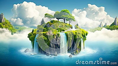 Conceptual image of green island with trees and waterfalls. Fantasy island with trees and waterfalls. 3d illustration. Fantasy lan Cartoon Illustration