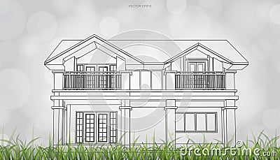Conceptual image of house perspective render. 3D wireframe rendering with light blurred bokeh background. Vector Cartoon Illustration